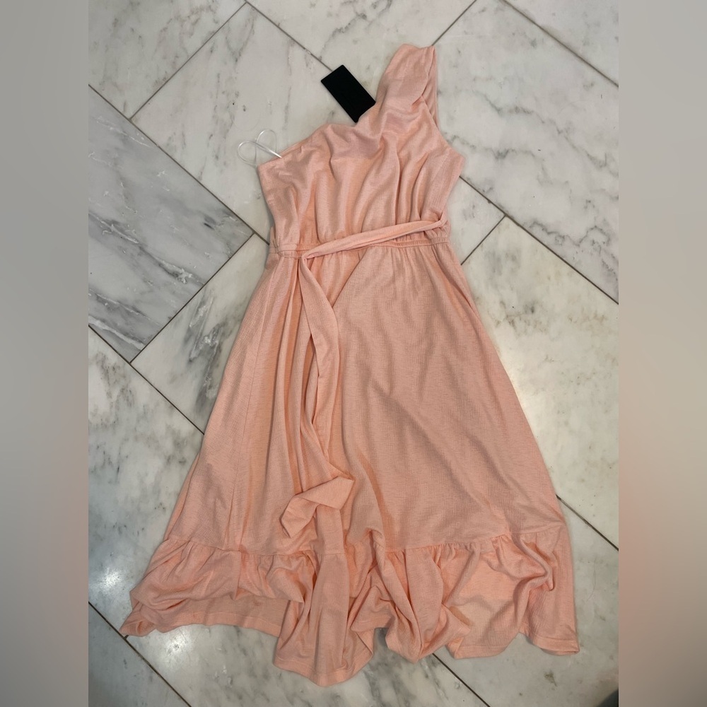 GibsonLook, womens Small one-shoulder light pink waist tie ruffle hem midi dress - Picture 7 of 7